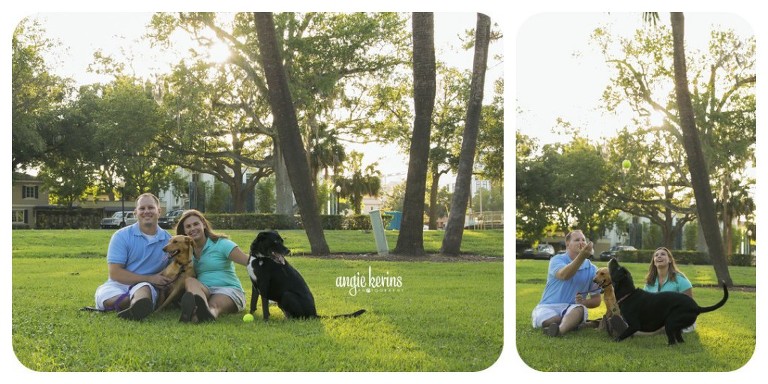 Family photo shoot with 2 dogs playing together in Winter Park